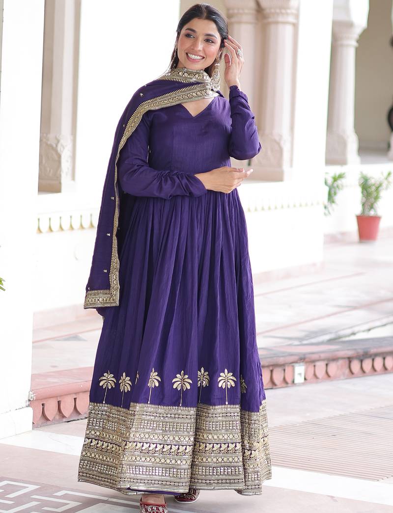 Admirable Purple Sequins Silk Festive Wear Anarkali Gown With Dupatta