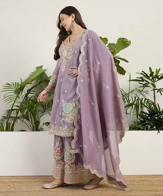 purple organza kurta palazzo set v neck 3