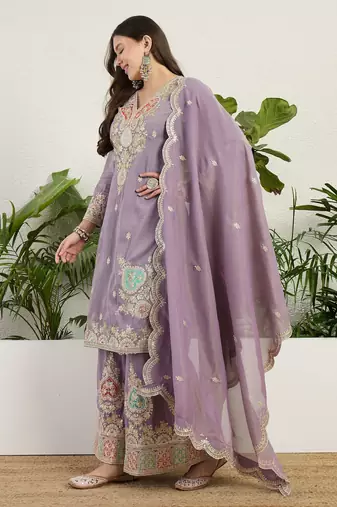  purple organza kurta palazzo set v neck