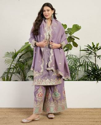  purple organza kurta palazzo set v neck 4