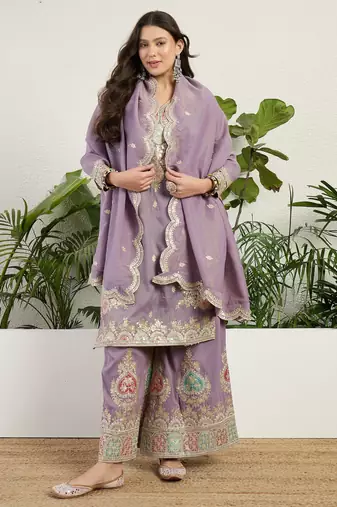  purple organza kurta palazzo set v neck