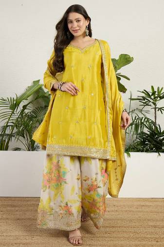  yellow chinon kurta palazzo set notch neck
