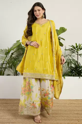  yellow chinon kurta palazzo set notch neck
