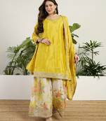  yellow chinon kurta palazzo set notch neck