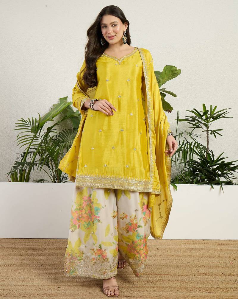  yellow chinon kurta palazzo set notch neck