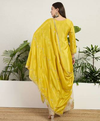  yellow chinon kurta palazzo set notch neck 2