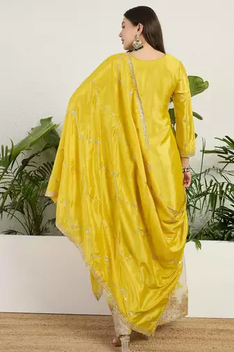  yellow chinon kurta palazzo set notch neck