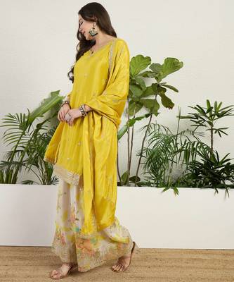  yellow chinon kurta palazzo set notch neck 3