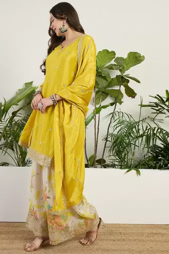  yellow chinon kurta palazzo set notch neck