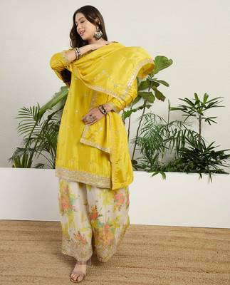  yellow chinon kurta palazzo set notch neck 4