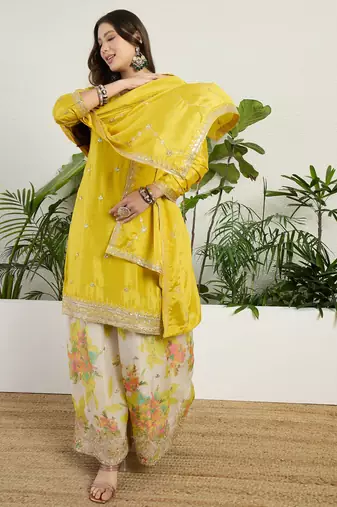  yellow chinon kurta palazzo set notch neck