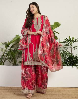  red chinon kurta palazzo set round neck 1