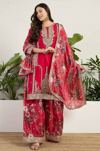  red chinon kurta palazzo set round neck