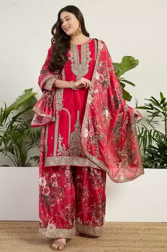  red chinon kurta palazzo set round neck