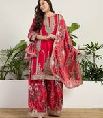  red chinon kurta palazzo set round neck
