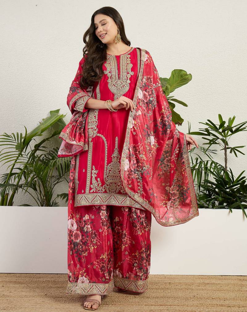  red chinon kurta palazzo set round neck