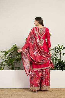  red chinon kurta palazzo set round neck 2