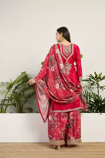  red chinon kurta palazzo set round neck