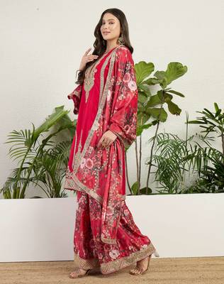  red chinon kurta palazzo set round neck 3