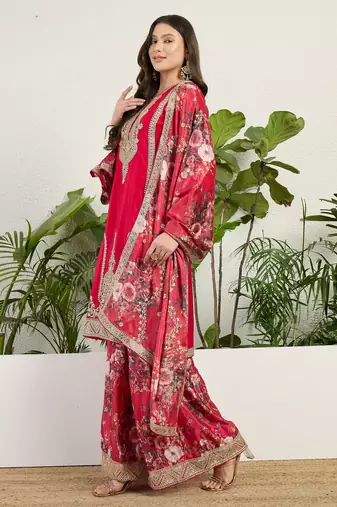  red chinon kurta palazzo set round neck