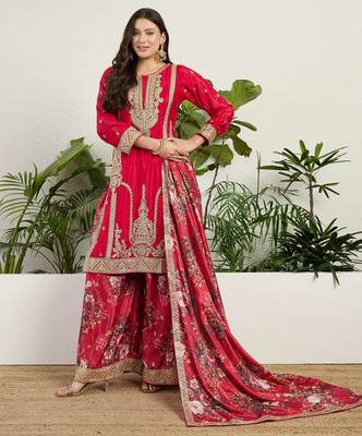  red chinon kurta palazzo set round neck 4