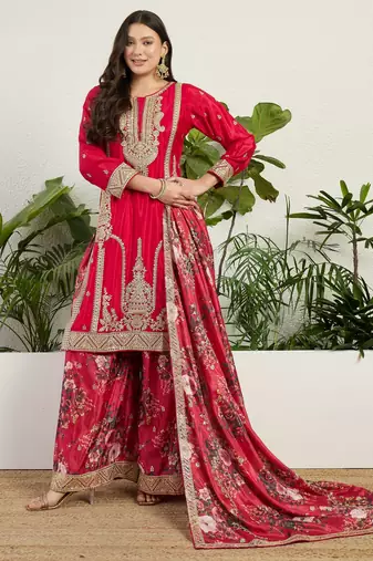  red chinon kurta palazzo set round neck
