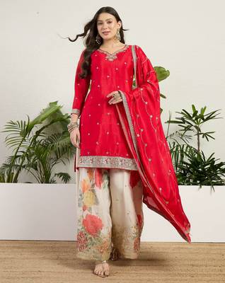  red chinon kurta palazzo set notch neck 1