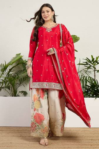  red chinon kurta palazzo set notch neck