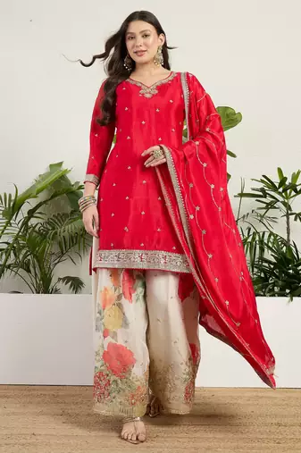  red chinon kurta palazzo set notch neck