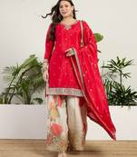  red chinon kurta palazzo set notch neck