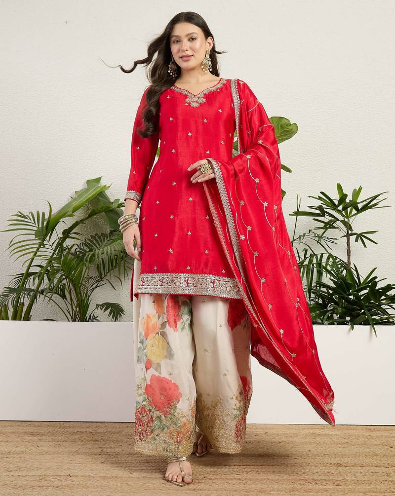  red chinon kurta palazzo set notch neck