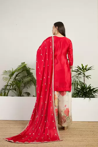  red chinon kurta palazzo set notch neck