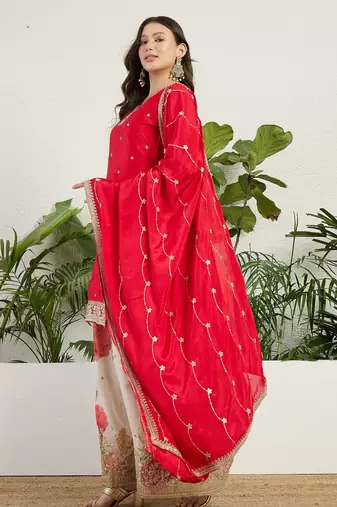  red chinon kurta palazzo set notch neck