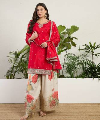  red chinon kurta palazzo set notch neck 4