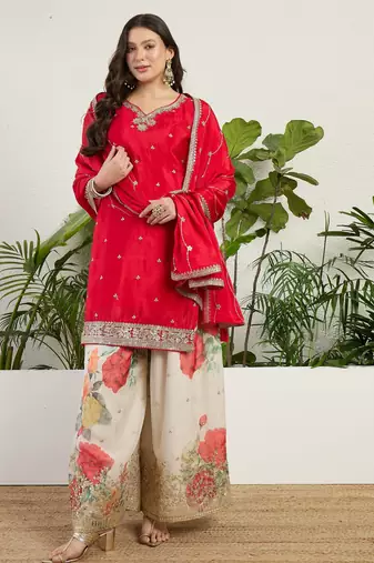  red chinon kurta palazzo set notch neck
