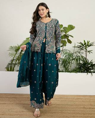  green chinon kurta palazzo set v neck 1