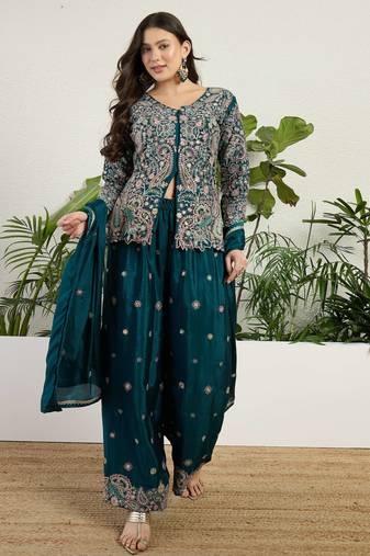  green chinon kurta palazzo set v neck