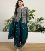  green chinon kurta palazzo set v neck