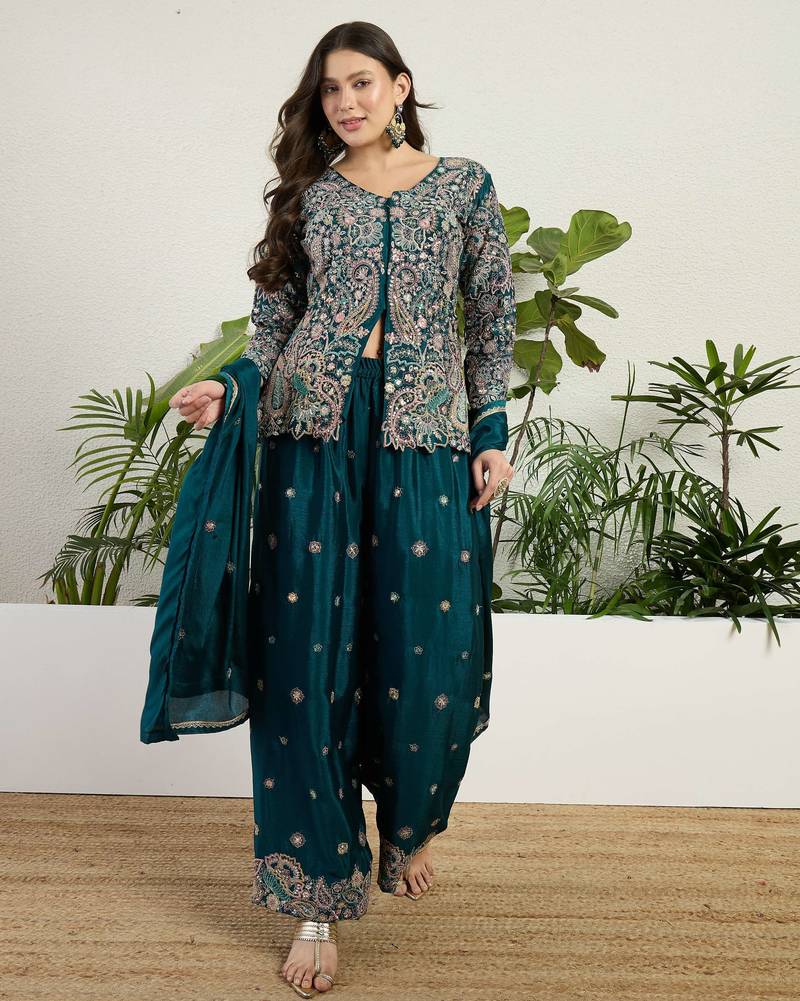  green chinon kurta palazzo set v neck