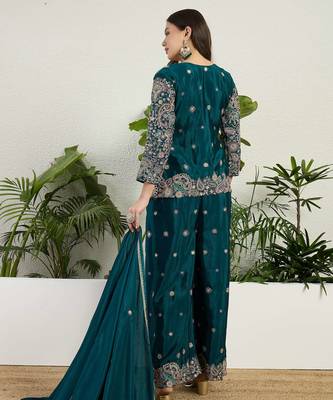  green chinon kurta palazzo set v neck 2