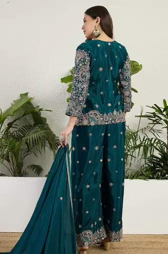  green chinon kurta palazzo set v neck