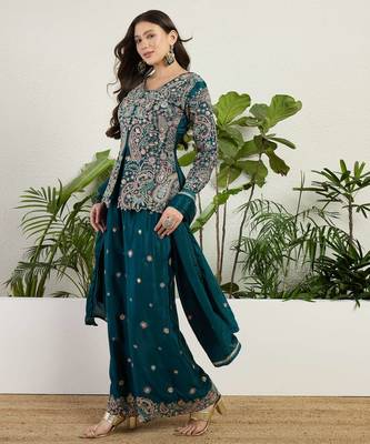  green chinon kurta palazzo set v neck 3