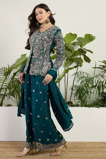  green chinon kurta palazzo set v neck