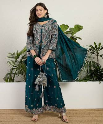  green chinon kurta palazzo set v neck 4