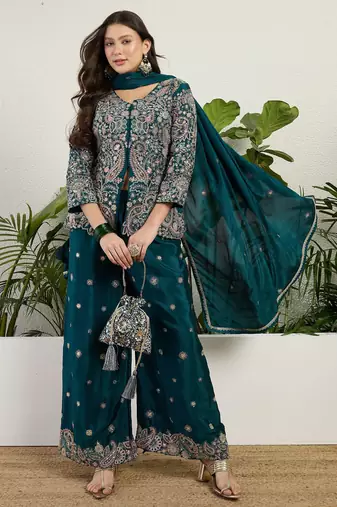  green chinon kurta palazzo set v neck