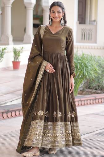 Wonderful Mehendi Green Sequins Silk Wedding Wear Anarkali Gown With Dupatta