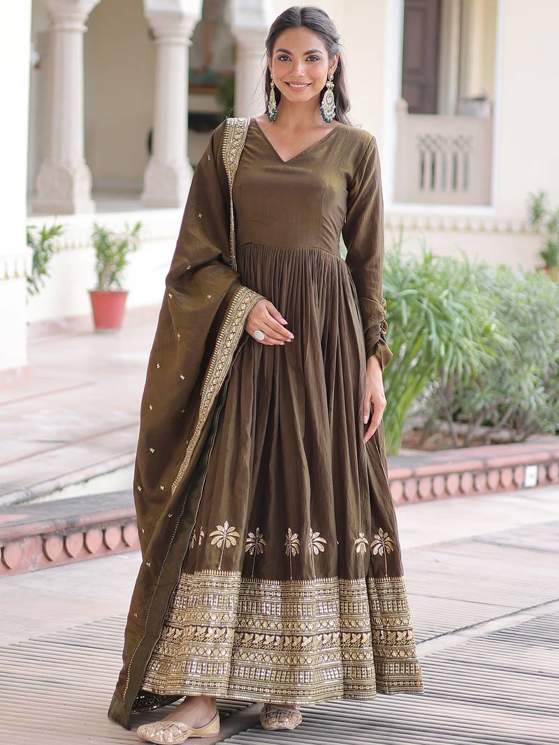 Wonderful Mehendi Green Sequins Silk Wedding Wear Anarkali Gown With Dupatta