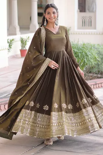 Wonderful Mehendi Green Sequins Silk Wedding Wear Anarkali Gown With Dupatta