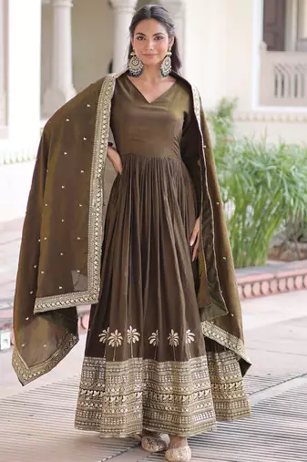 Wonderful Mehendi Green Sequins Silk Wedding Wear Anarkali Gown With Dupatta