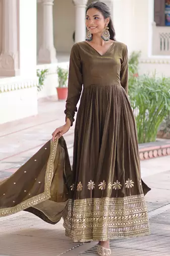 Wonderful Mehendi Green Sequins Silk Wedding Wear Anarkali Gown With Dupatta